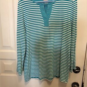 Chico's Teal and White Striped Long Sleeve Top